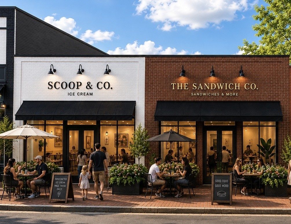 Anchor Suites at The District — two storefronts with sidewalk dining