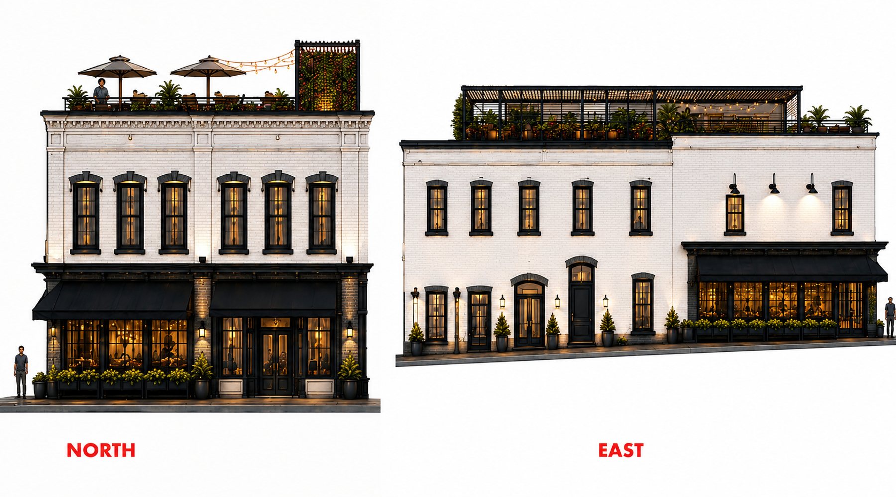 Architectural elevation of The District's first block — north and east faces with rooftop terrace, storefronts, and Tulip Café
