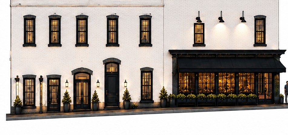 The Premium Corner Restaurant building at The District with rooftop bar above