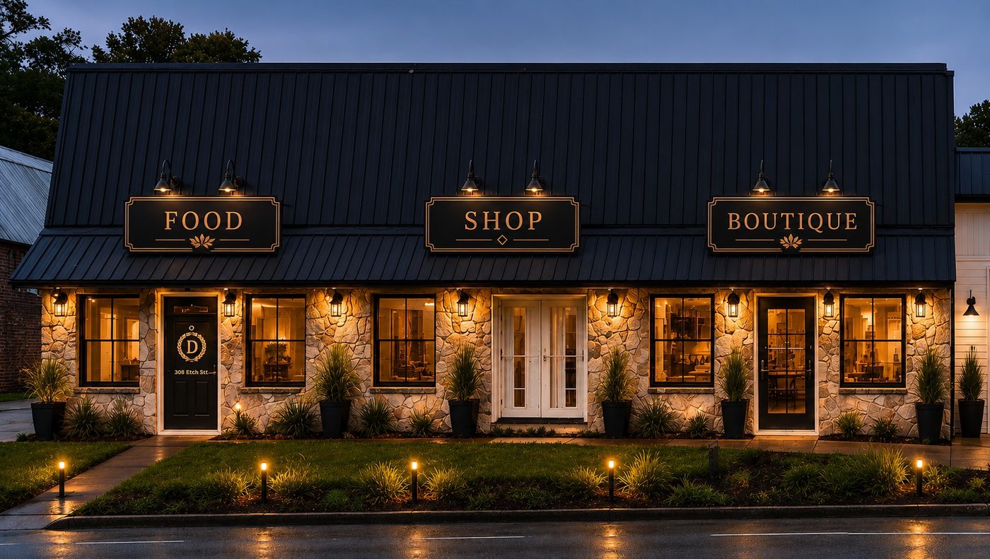 The District creative suites — stone storefronts with Food, Shop, and Boutique signage