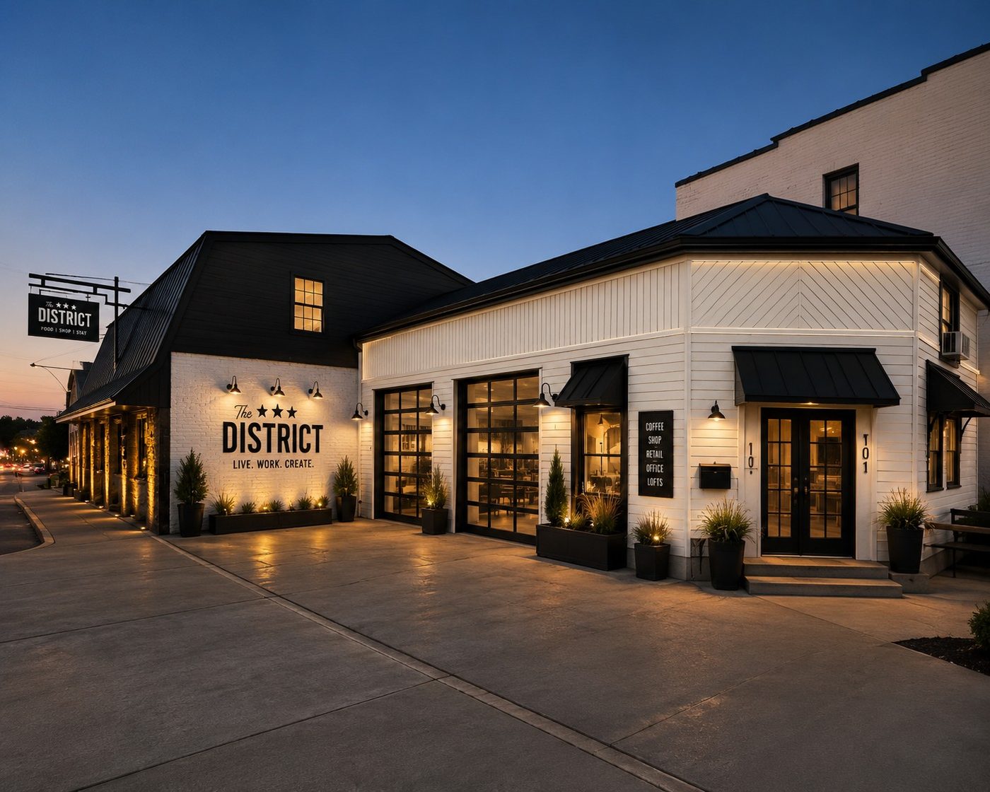 The District corner building on the historic square at dusk