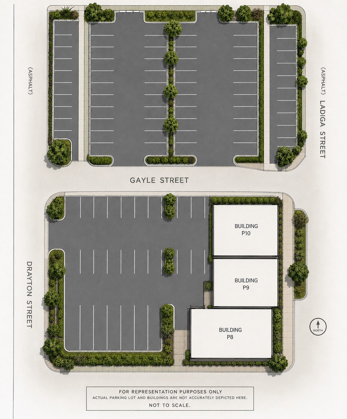 The District site plan — parking lots along Gayle, Ladiga, and Drayton Streets