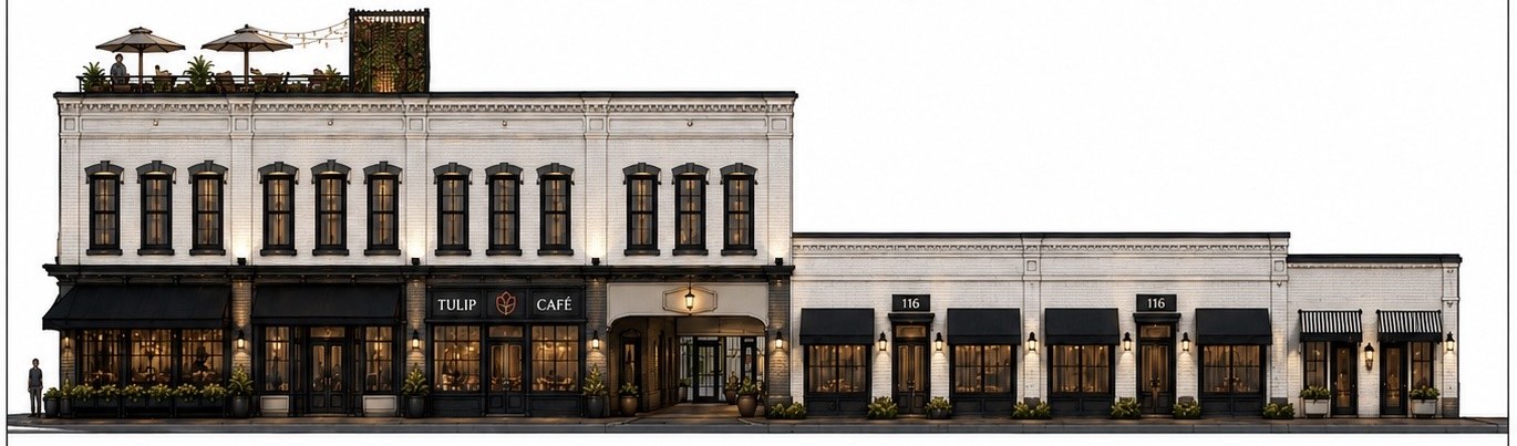Street elevation of The District — Tulip Café, the Lofts on Ladiga entrance, the rooftop terrace, and the row of storefronts on the historic square