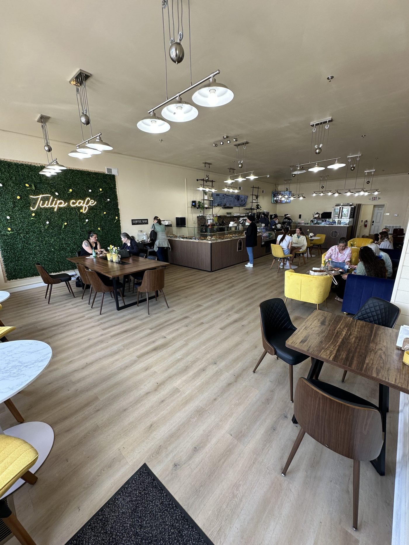 Tulip Café interior — coffee counter and greenery wall